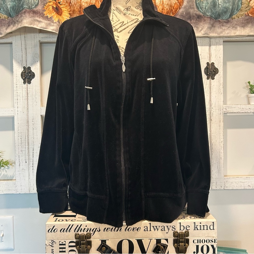 Black Zip Up Sweatshirt Rib Collar & Hems Silver Hardware Casual Nice Size XLP